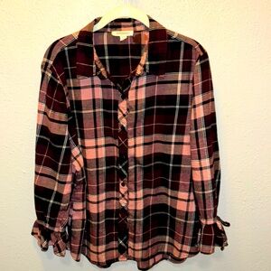 Beach Lunch Lounge Plaid Button Up Shirt Top Brush Cotton Women’s Size Large